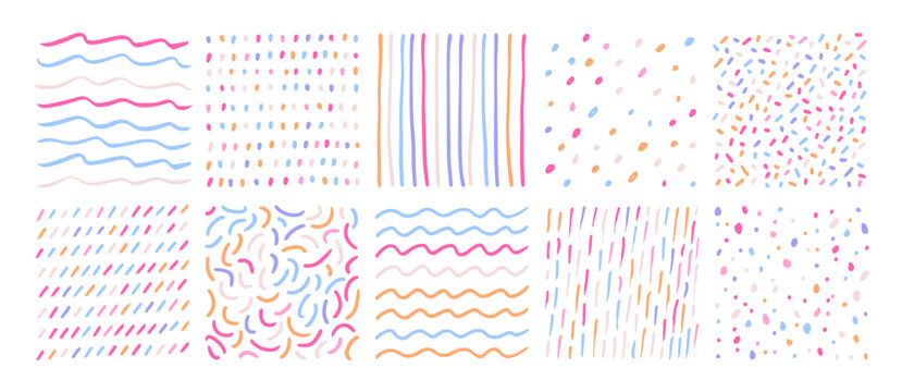 Freehand blue and pink doodle lines, curves, dots, spirals. Childish doodle style textures.