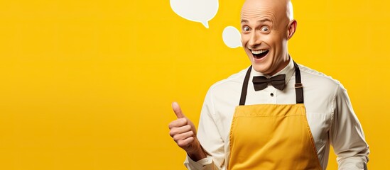 Bald man wearing apron pointing at yellow speech bubble with a grin.