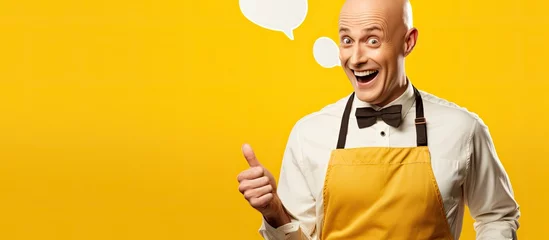 Foto op Aluminium Bald man wearing apron pointing at yellow speech bubble with a grin. © TheWaterMeloonProjec