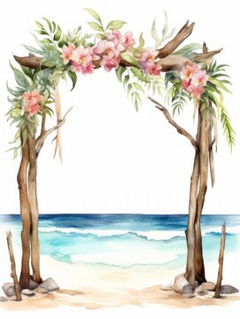 Beautiful vector image with nice watercolor tropical wedding arch on the beach Generative AI
