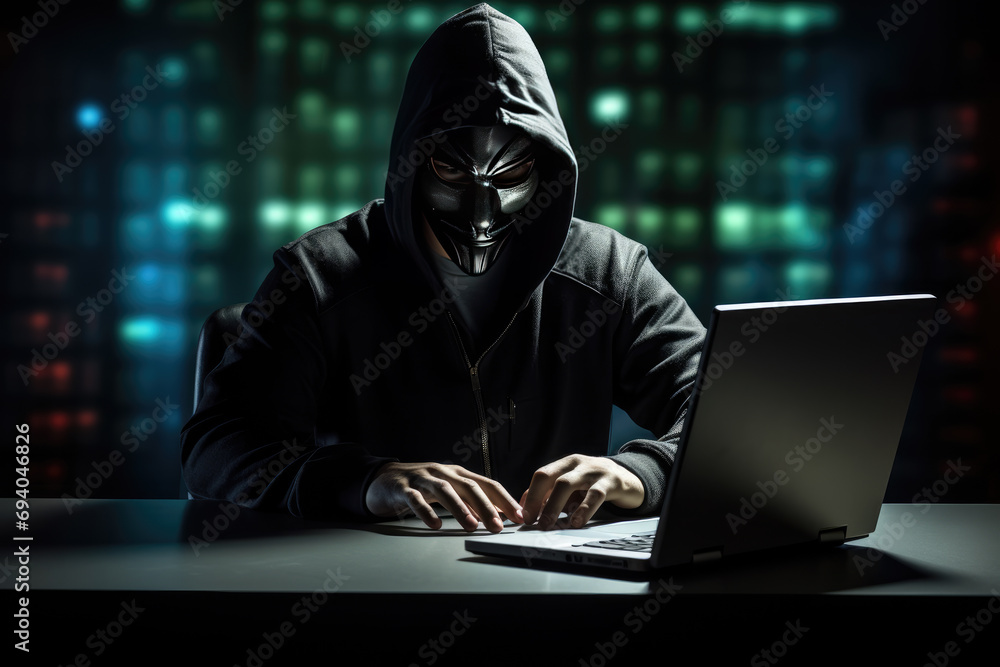 Poster a hacker wearing anonymous mask and hacking pc. ai generated