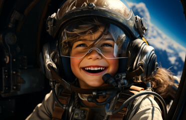 Fototapeta premium A boy with a helmet and goggles is flying high. A young boy wearing a helmet and goggles