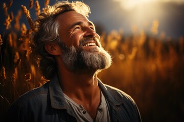 A rugged man radiates contentment amidst the golden hues of a sun-kissed field, his weathered face adorned with a proud beard and signature glasses