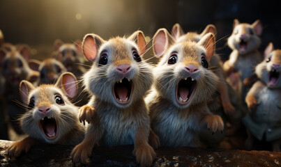 The rabbits are all crying and laughing. A group of mice with their mouths open - obrazy, fototapety, plakaty