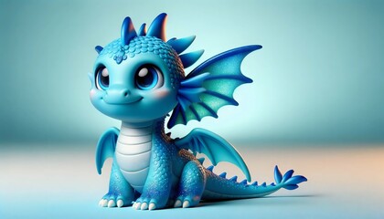 Cute blue baby dragon. Cartoon character magic dragon. Funny Fantasy monster with wings and big eyes. Fairy-tale hero. Children book. Illustration of tales. Toy design. Print. Copy space. on plain