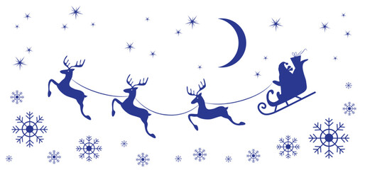 Christmas and new year reindeer with santa claus on a sleign. Moon, snowflakes and stars background. Vector illustration.