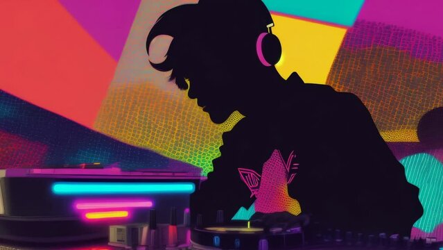 Cool dj pop art illustration. Bright vintage retro poster. Male artist silhouette. Graphic design. Colorful modern banner. Funky artwork style. Guy mix music. Fashionable grunge collage. Techno deejay