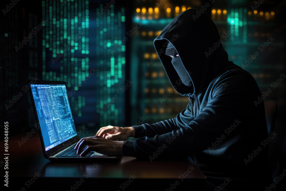 Poster a hacker wearing anonymous mask and hacking pc. ai generated