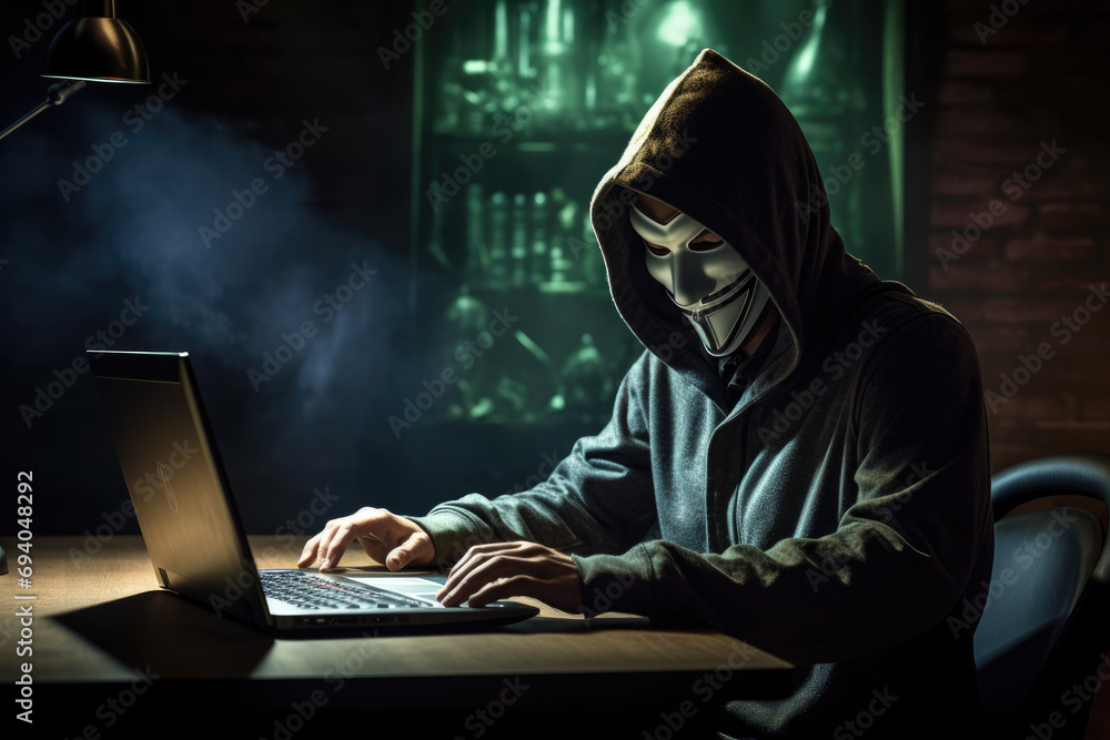 Poster a hacker wearing anonymous mask and hacking pc. ai generated