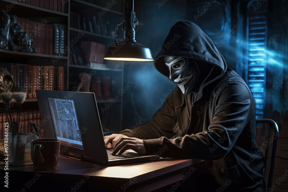 Poster a hacker wearing anonymous mask and hacking pc. ai generated