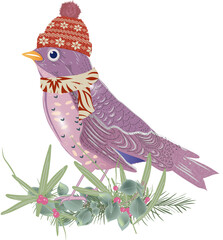 winterlicher Zauber und magische Momente symbolisiert dieser Vogel mit Bommelmütze und Schal und zarten Mistel Zweigen