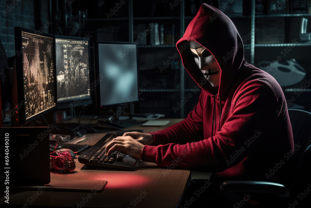 Poster a hacker wearing anonymous mask and hacking pc. ai generated