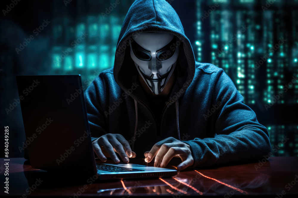 Poster a hacker wearing anonymous mask and hacking pc. ai generated