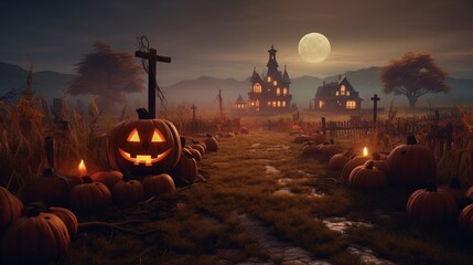 An expansive front yard decorated for Halloween with a whimsical pumpkin patch