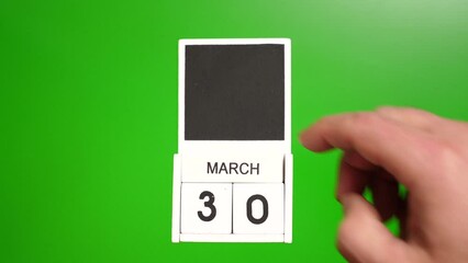 Calendar with the date March 30 on a green background. Illustration for an event of a certain date.