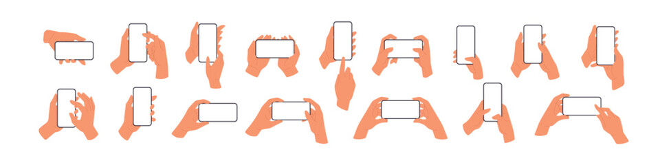 Mobile phones mockups, smartphone screens in hands set. Holding blank display, cellphones. Flat vector illustrations - obrazy, fototapety, plakaty