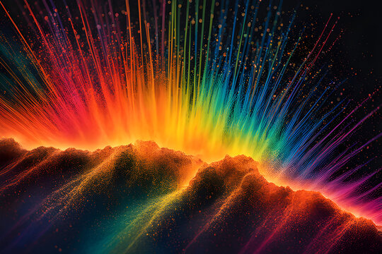 artistic paint splatters of volcanic featuring lightning energy pulse, neon and pointillism lines, rainbow colors