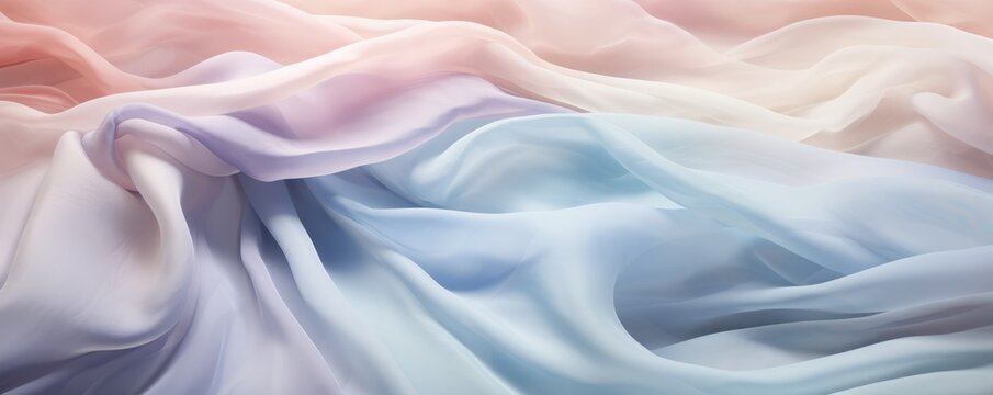 A background of crumpled delicate transparent fabric in warm pastel-colored blue, orange, and violet shades, gathered in waves. A sense of calm and elegance. elegant design.Ultra-wide panoramic banner