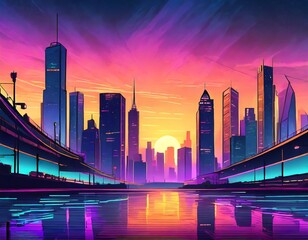 City streets and neon lights along the river