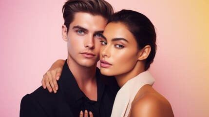 A sophisticated couple in a fashion-forward pose, with the man in a sharp black suit and woman in elegant cream attire, against a pastel pink to yellow gradient background, depicting modern elegance.