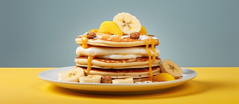 Banana on top of a pancake.