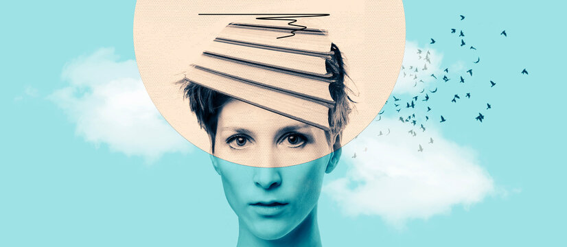 Female head with books as a metaphor for a education. Art collage.