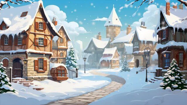 Bright and Quaint Snowy Village. Generative AI. Morphing video of a Christmas  scene in a quaint small town.	