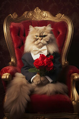 A cat in elegant suit holds fresh rose flowers and gives them away for Valentine's Day. Abstract concept. A cat sitting like a human in armchair.