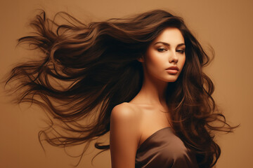 Profile portrait of a beautiful woman with long wavy brunette hair on the beige background - obrazy, fototapety, plakaty