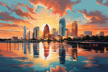 stylized skyline of Tampa with a vibrant sunset reflection on water - obrazy, fototapety, plakaty
