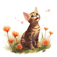 bengal kitten admiring blooming flowers on a bright white background