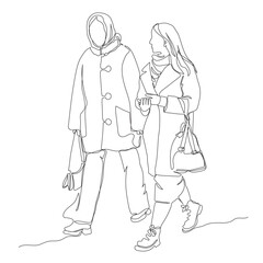 Fototapeta na wymiar 2 women in warm clothes walking. Wearing coat, jacket, headscarf. Continuous line drawing. Black and white vector illustration in line art style.
