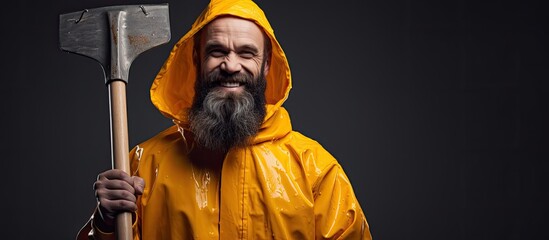 Obraz premium Man in bright raincoat holding big axe, like a lumberjack or fisherman.