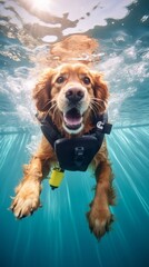 Smiling Rescue Dog swimming underwater in special suit, Portrait with bright expression of dog's...