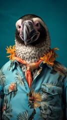 Penguin in a vibrant multicolored business suit and glasses, showcasing stylish animal fashion, pet...