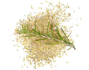 Fresh green rosemary twigs and leaves and pile chopped dried leaf isolated on white, clipping path,...