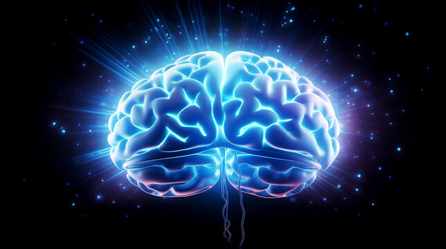 Shiny brain on dark space background. Peace of mind, mindfulness, and yoga concepts. Power of thoughts. Connection with a Superbrain or artificial intelligence, AI