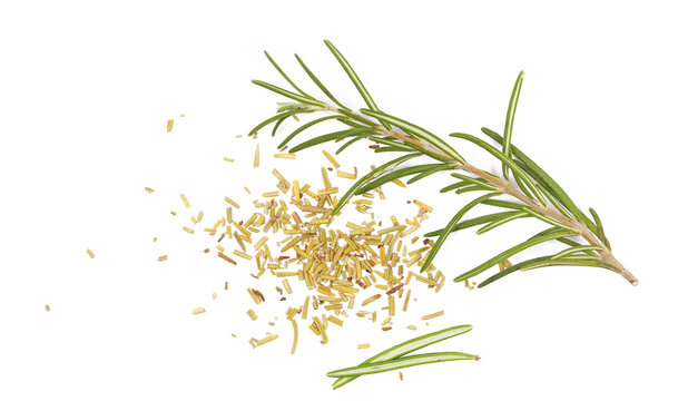 Fresh green rosemary twigs and leaves and pile chopped dried leaf isolated on white, clipping path, Rosmarinus salvia