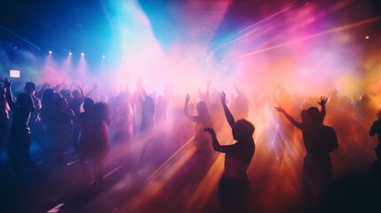 People at a concert in smoke raising their hands. Blurred background and movements. Energetic music...