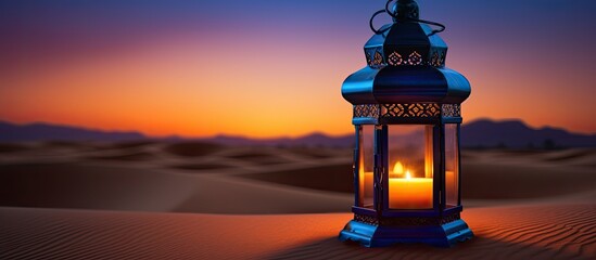 Arabic lantern with candle in desert during blue hour. Greeting card for Ramadan in Dubai, UAE. - obrazy, fototapety, plakaty