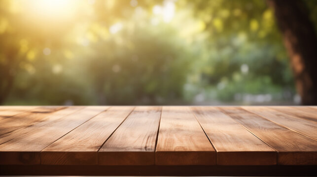 Empty wood tabletop with nature blurred background , copy space for product promotion