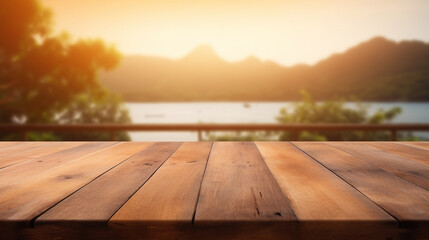 Wooden floor with lake blurred background, copy space for product promotion