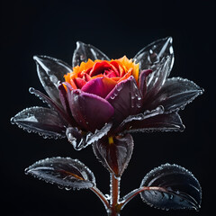 A close up of a rose with transparent frozen leaves.