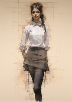 The girl is standing in a white shirt and short skirt, an illustration in the style of oil painting.