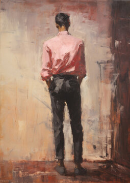 A man in a pink shirt is standing with his back, an illustration in the style of an oil painting.
