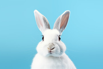 Fototapeta premium Close up view on a white rabbit on a light blue background. Easter concept