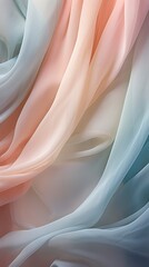 A background of crumpled delicate transparent fabric in warm pastel-colored blue, orange and violet shades, gathered in waves. A sense of calm and elegance. elegant design elements. Vertical banner - obrazy, fototapety, plakaty