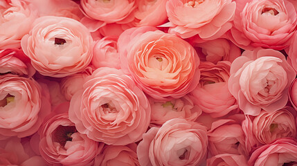 Flowers background with ranunculus flower in trendy pink coral color - obrazy, fototapety, plakaty