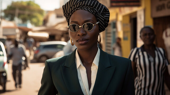 Confident African businesswoman in stylish business attire with round sunglasses
