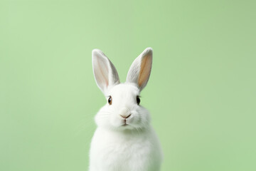 Obraz premium Close up view on a white rabbit on a light green background. Easter concept